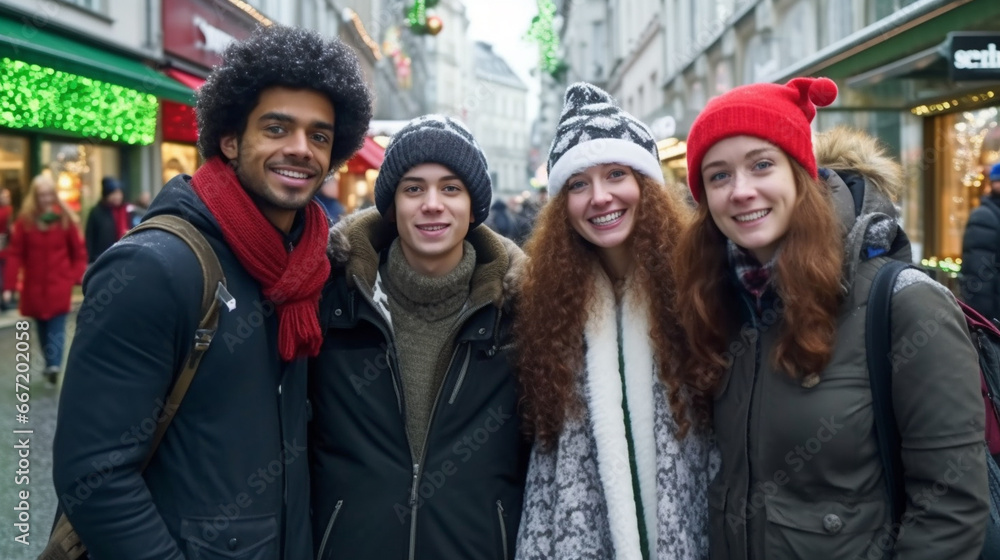 Young group of four friends in winter attire posing on city street Young group of four friends in winter attire posing on city street