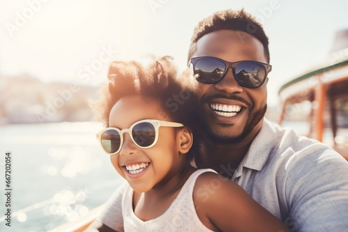 African child girl traveling on a cruise ship with their father enjoying the beautiful sunny atmosphere on board
