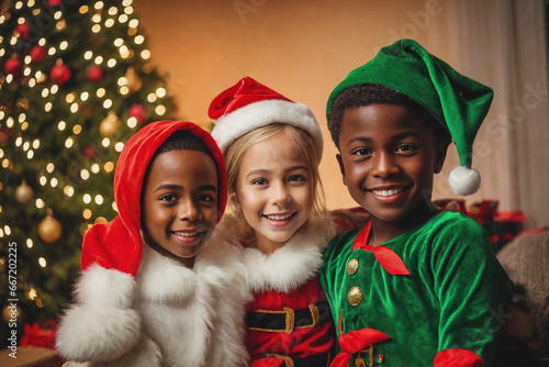 Multiracial children dressed as christmas elves. Portrait of children with Santa Claus hats. Generative Ai.