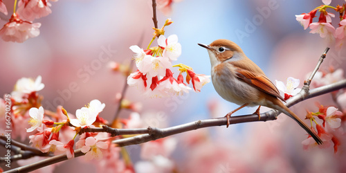 Birds sitting in a tree filled with cherry blossom flowers Sakura Serenity Feathered Friends in Bloom Cherry Blossom Canopy Where Birds Find Solace.AI Generative   © Fatima
