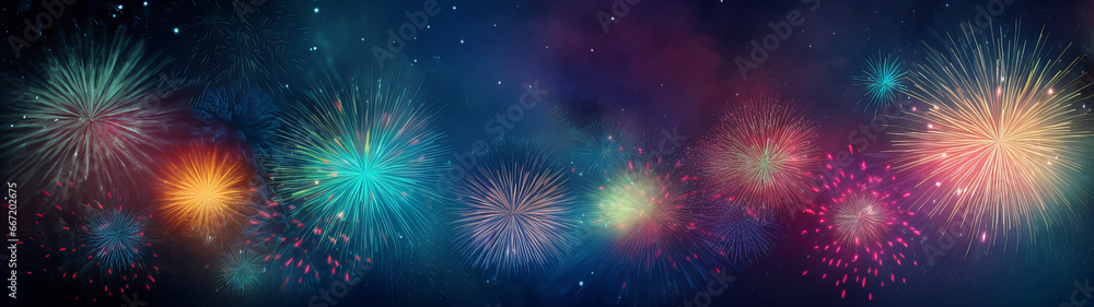 colorful fireworks background banner, happy new year - obrazy, fototapety, plakaty 