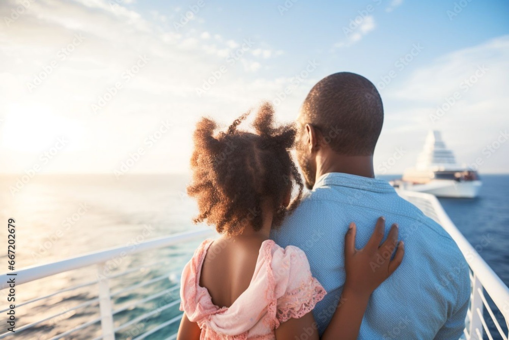 African child girl traveling on a cruise ship with their father enjoying the beautiful sunny atmosphere on board - obrazy, fototapety, plakaty 