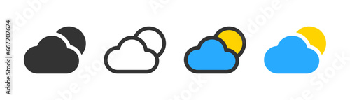 Sun behind cloud icon, cloudy weather, simple outline flat style vector illustration.