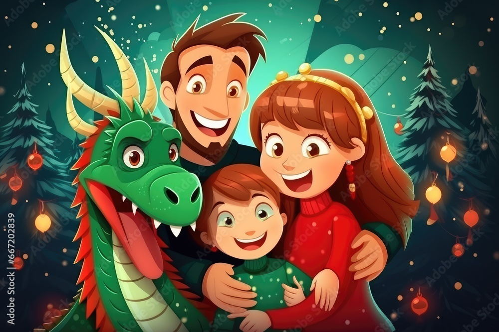 Naklejka premium Cute cartoon green dragons wearing a Santa hat. New Year animal illustration. Christmas card.