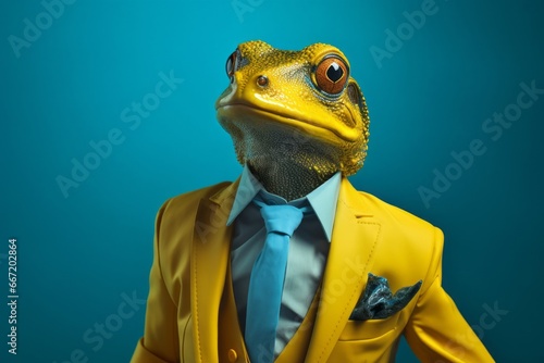 A frog wearing a suit on a blue background, in the style of surreal fashion photography.
