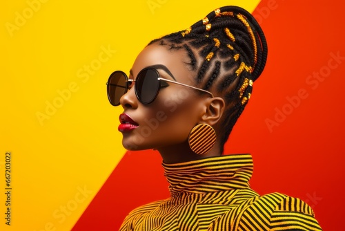  A young African woman wearing sunglasses and colorful clothing on a yellow and red background.