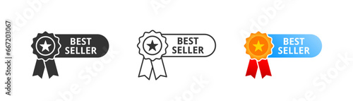 Best seller ribbon icon, award certificate, seal banner, symbol, simple outline flat style vector illustration.