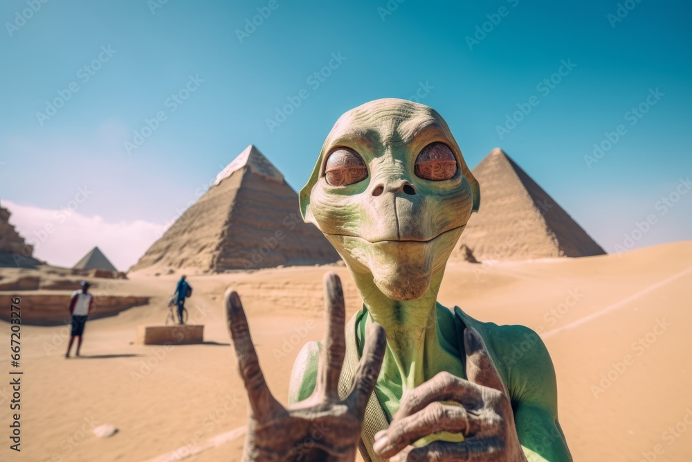 Alien or extraterrestrial in sandy desert of Egypt against ancient pyramid complex under dark sky. Concept of intergalactic tourism and extraterrestrial life. - obrazy, fototapety, plakaty 
