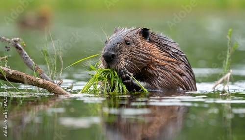 wet eurasian beaver castor fiber eating leaves in swamp in summer aquatic rodent gnawing greens in water brown mammal holding twigs in lake photo