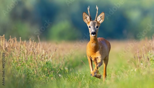 roe deer capreolus capreolus approaching on green field in summer nature antlered mammal looking to the camera on meadow roebuck watching on grassland in summertime