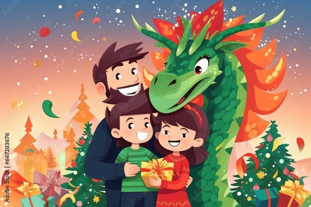 Fototapeta premium Cute cartoon green dragons wearing a Santa hat. New Year animal illustration. Christmas card.