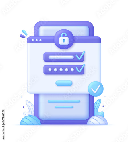 3D Correct Password on Phone. Personal data protection on the internet. Incorrect and correct data entering.