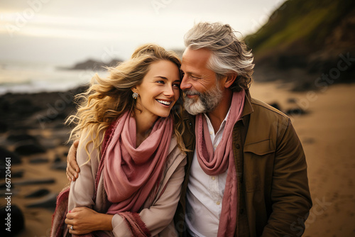 Joyful mature couple sharing a heartfelt moment of love and laughter on a serene beach during golden hour.