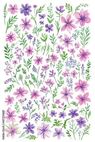 Pink and purple flowers and blossoms seamless pattern