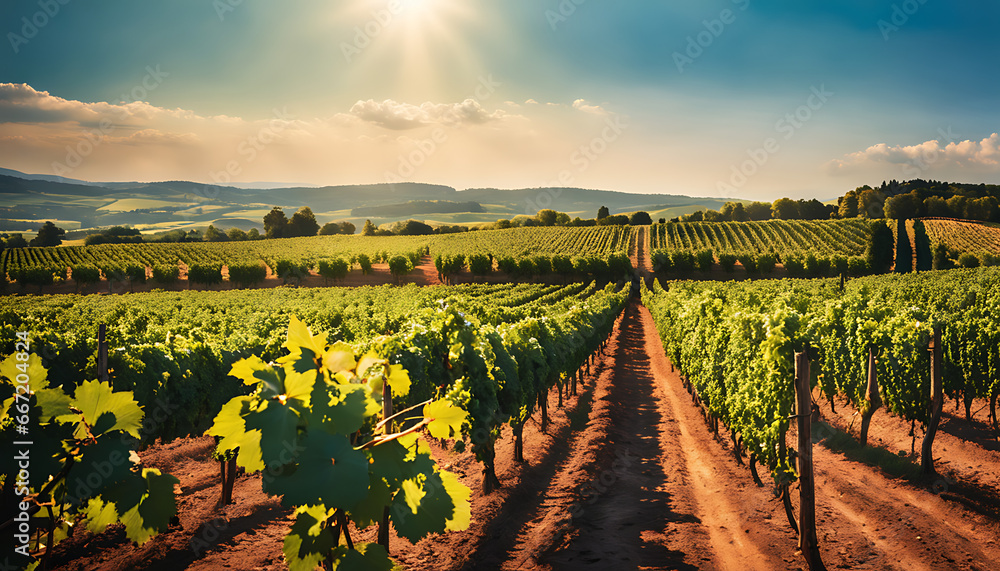  Beautiful rows of red grape vineyards in a summertime agricultural scene with a blue sky. Using text copyspace.