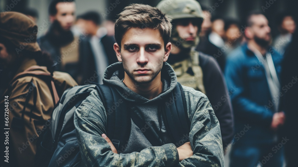 Fototapeta premium Everyday life with soldiers as protection and guarding on the streets, bad mood, terror and attacks and crime on the streets, military protection and security