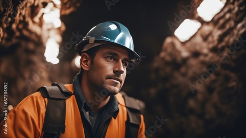 Male worker in Miner underground at a copper mine photo