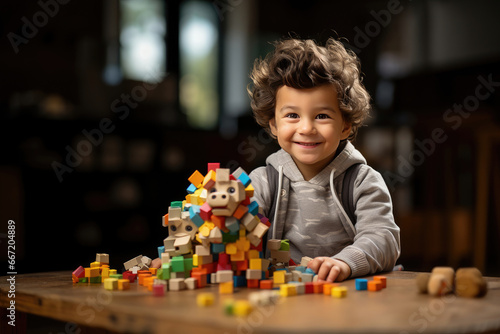 Charming curly-haired toddler boy joyfully playing with colorful building blocks.