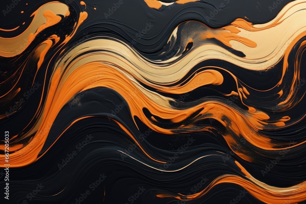 Suminagashi art. Orange and black with gold line. Elegant composition. Golden swirl, artistic design. The style includes swirls of marble or ripples of agate