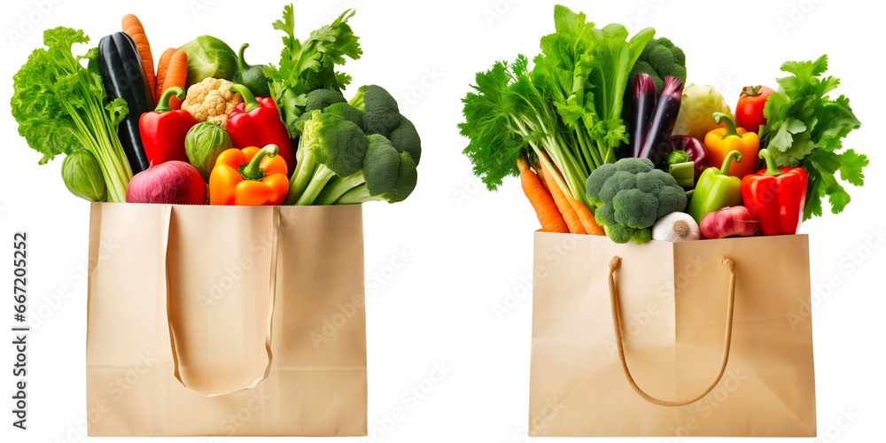 Vegetables in paper bags on an isolated background - obrazy, fototapety, plakaty 