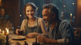 simple countryside life, happy family dinner in the evening. Smiling woman and man sharing a cozy meal