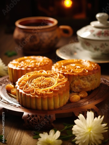 Chinese mid autumn festival mooncake on wooden table, AI Generated