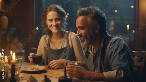 simple countryside life, happy family dinner in the evening. Smiling woman and man sharing a cozy meal