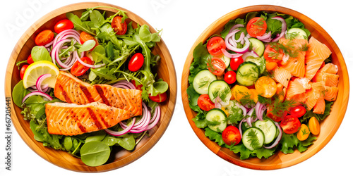 Healthy salmon salad with vegetables in a wooden bowl isolated background.