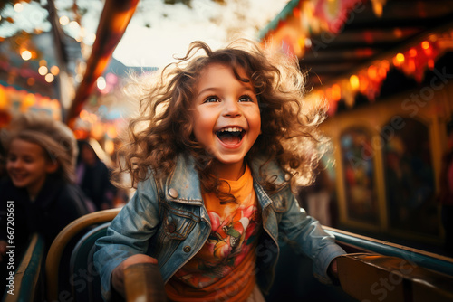Joyful curly-haired child laughing heartily, basking in the golden hour glow at a lively amusement park carousel.
