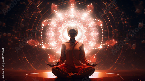 person in yoga pose with illuminated mandala