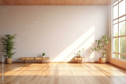 Empty light wall in bright office with wooden floor and eco furniture. Mockup. Generative AI