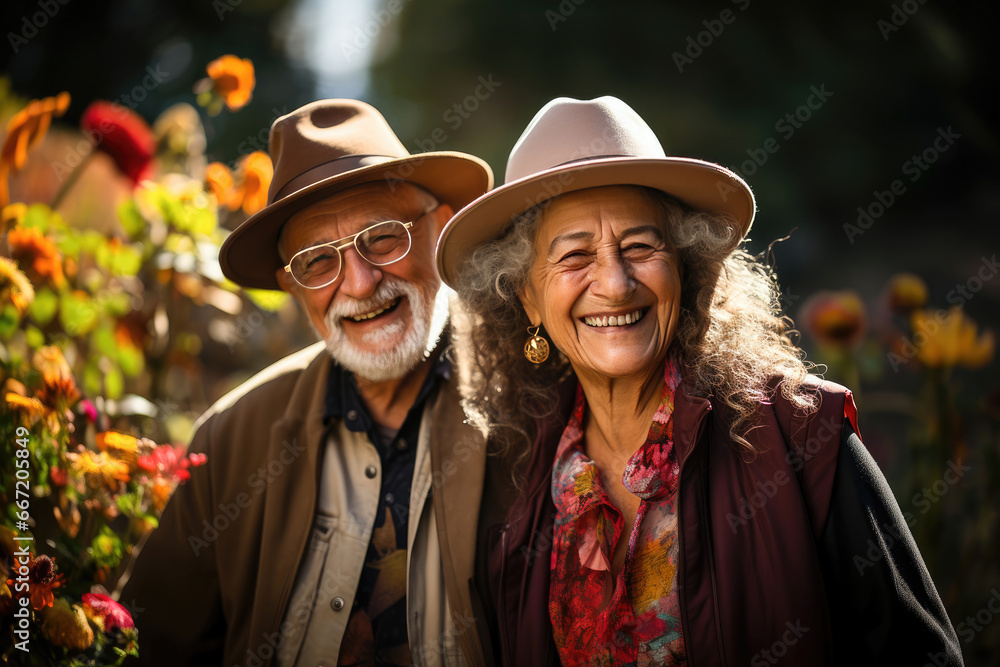 Joyful senior couple laughing amidst blooming flowers in a sunlit garden, radiating warmth and togetherness.
