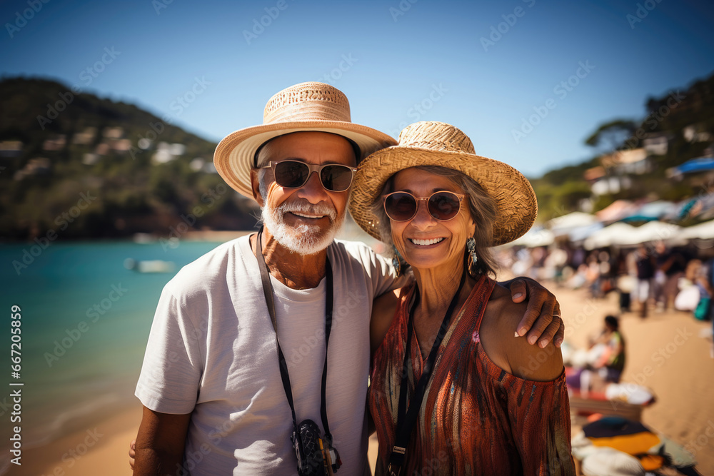 Joyful senior couple enjoying a sun-kissed beach vacation, radiating happiness and love in a tropical paradise.
