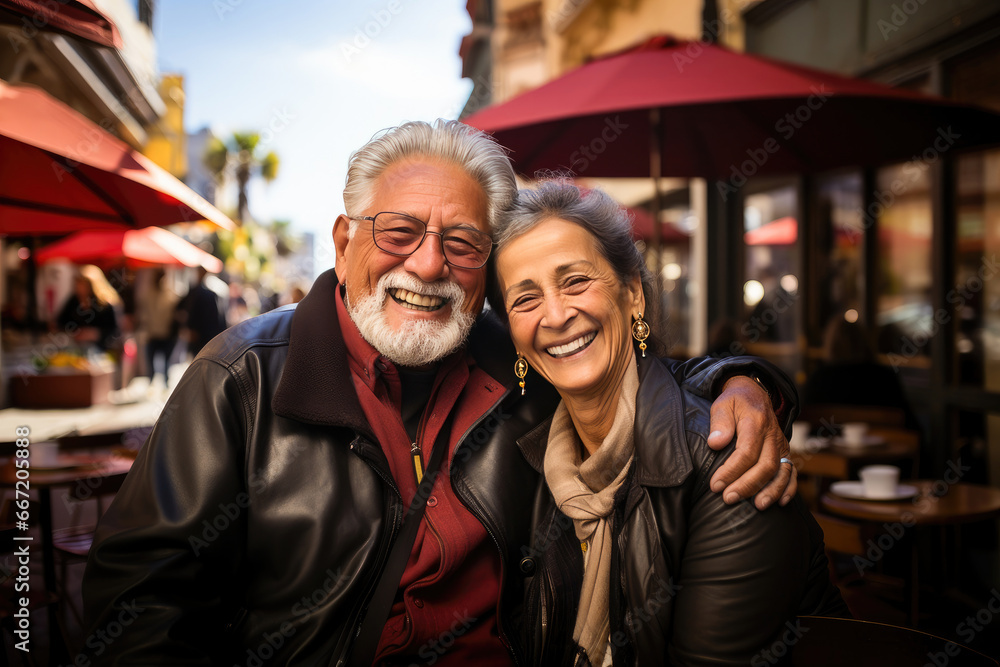 Joyful elderly couple share a loving moment at an outdoor city cafe, radiating genuine happiness.