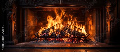 Burning logs in old fireplace Night light shining on tiles