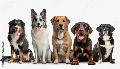 group of sitting dogs of different breeds on a white background
