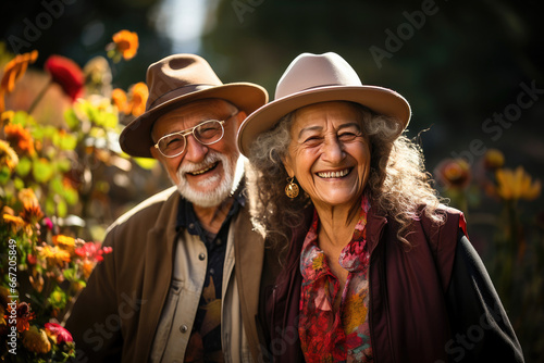 Joyful senior couple laughing amidst blooming flowers in a sunlit garden, radiating warmth and togetherness. © apratim