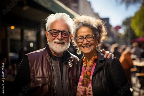 Stylish senior couple sharing a joyful moment in a bustling city street, radiating warmth and happiness.