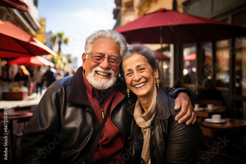 Joyful elderly couple share a loving moment at an outdoor city cafe, radiating genuine happiness.