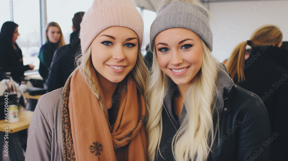 Young blonde women in knit hats, cheerful in indoor gathering Young blonde women in knit hats, cheerful in indoor gathering