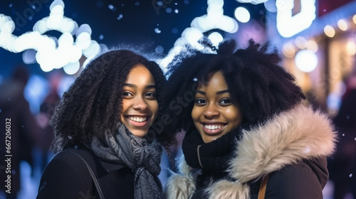 Young adult women, multicultural, at European Christmas market in winter. Wearing jackets, enjoying festive evening in Germany as tourists