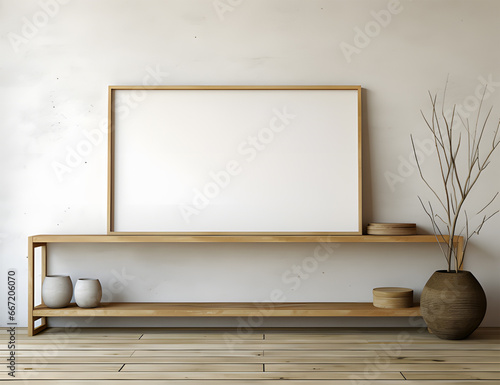  empty minimalist living room with large wooden frame ai generative