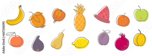 Set of natural tropical doodle fruits.