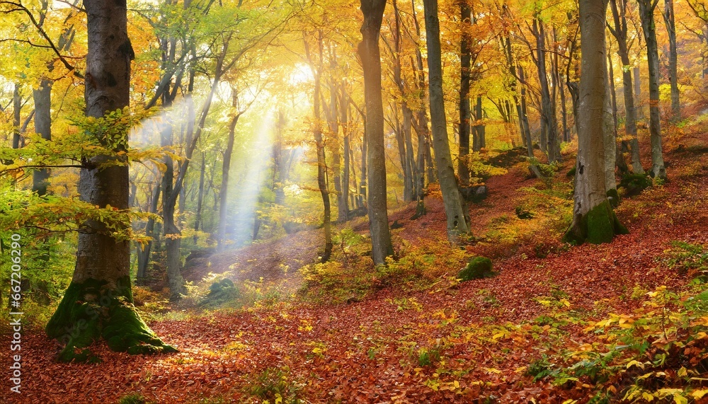 tranquil autumn scenery in a colorful beech forest with a beam of soft light in slightly misty atmosphere