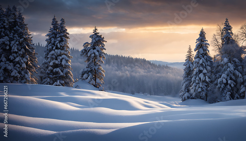 winter snowy area. snow covered landscape with trees in the background © simo