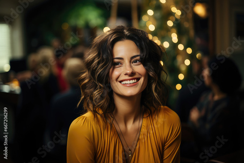 A radiant woman with curly hair smiles joyfully amidst a festive evening gathering with glowing lights.