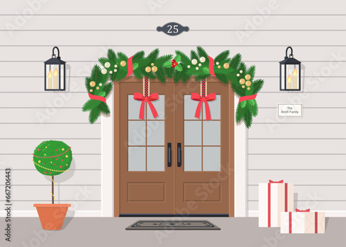 Cute double front door with Christmas decoration, garland, street lanterns, gifts and plant. Exterior concept for house. Cartoon flat style. Vector illustration