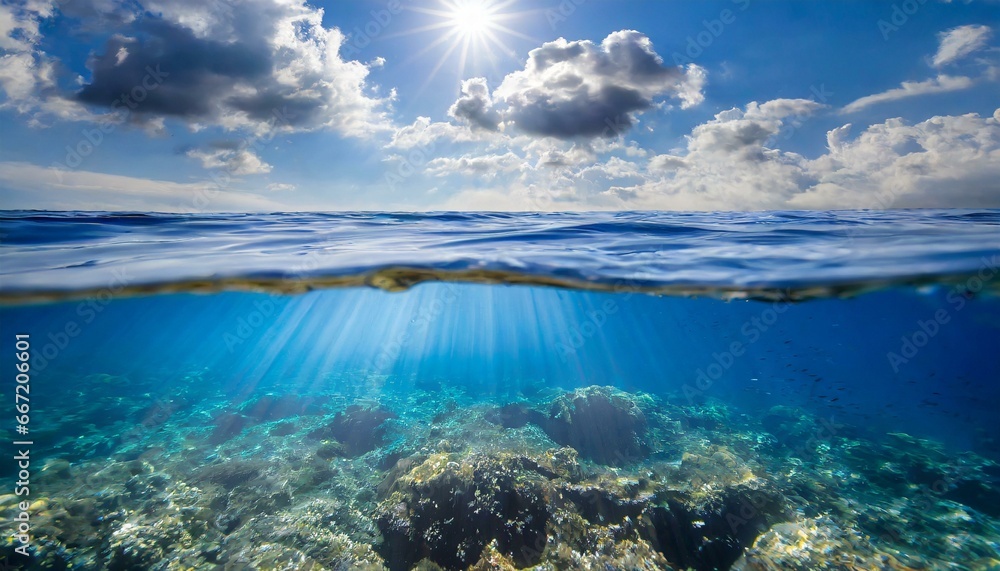 blue sea or ocean water surface and underwater with sunny and cloudy sky - obrazy, fototapety, plakaty 