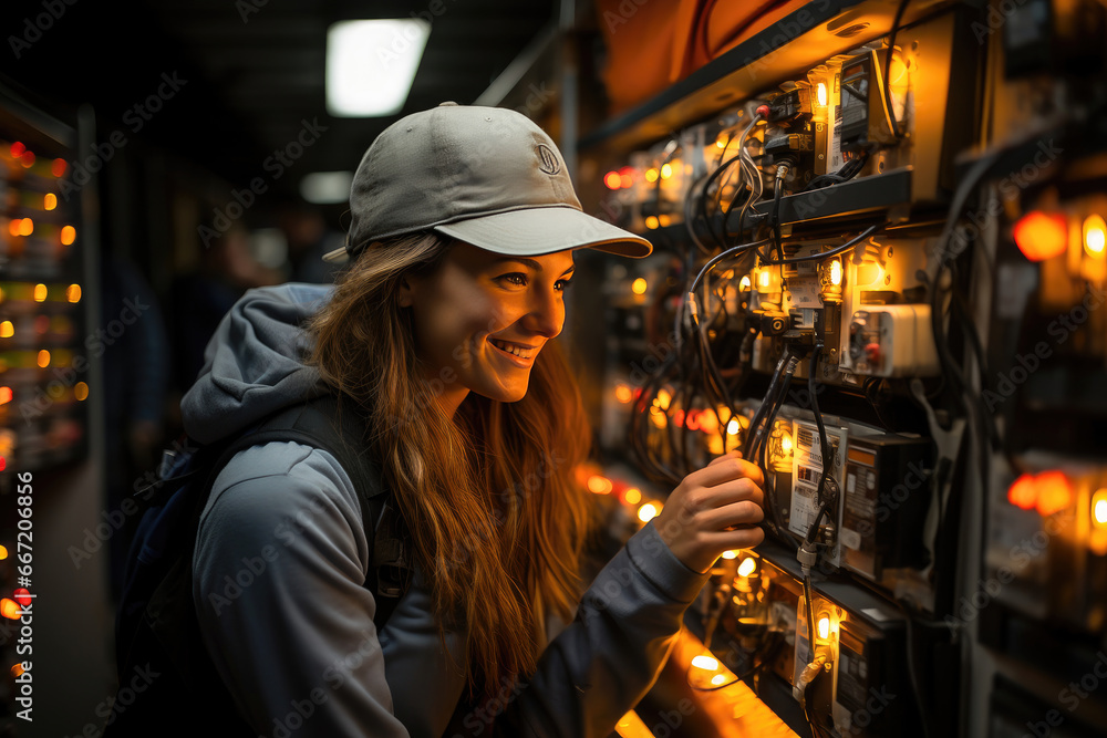 Smiling woman engineer in cap working on electronic equipment in a dimly lit server room.