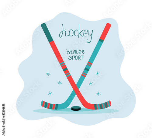 Hockey sticks and hockey puck. Winter sport, winter season. Sports equipment. Snow, snowflakes. Active healthy lifestyle. Lettering, signed Vector illustration, isolated background.